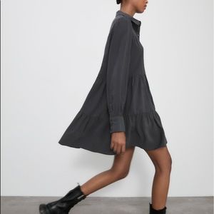 NWT ZARA Tiered Shirt Dress Grey Medium
